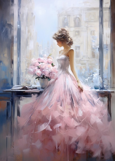 painting of a woman in a pink dress standing in front of a window generative ai