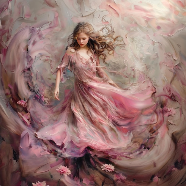 painting of a woman in a pink dress with flowers in her hair generative ai