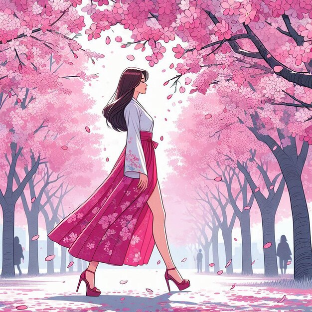 Photo a painting of a woman in a pink dress with the words  spring  on it