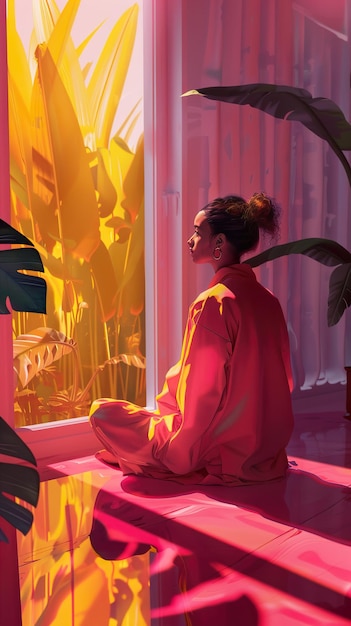 Photo a painting of a woman in pink sitting in front of a window with a plant in the background