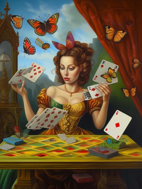 A painting of a woman playing cards with butterflies on the background.