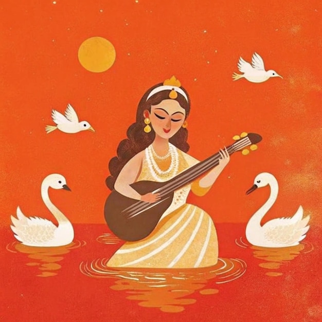 Photo a painting of a woman playing a guitar and swans