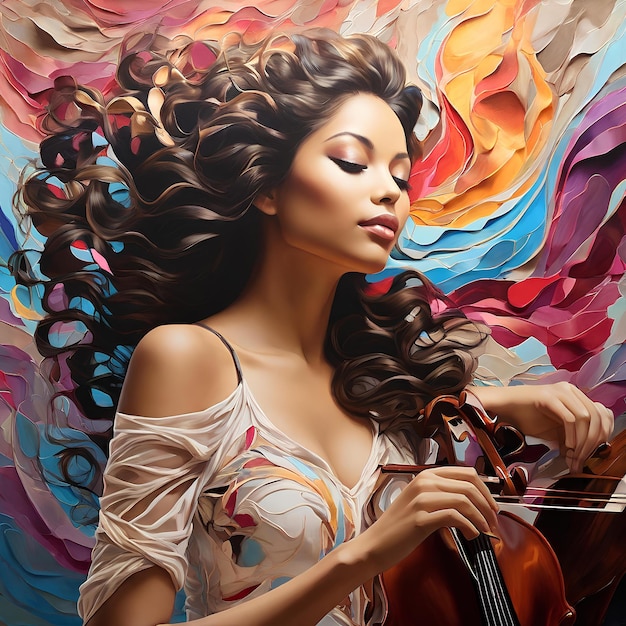 a painting of a woman playing a violin with a colorful background