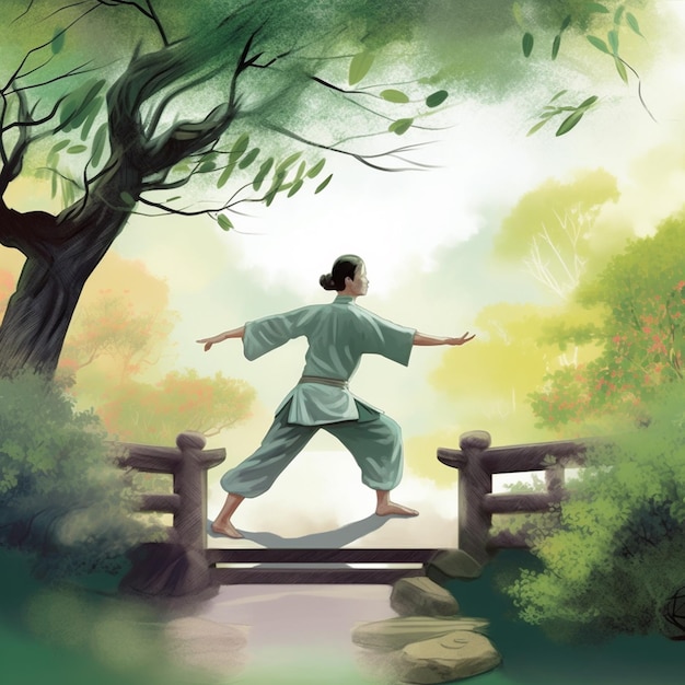 A painting of a woman practicing martial arts in a forest.