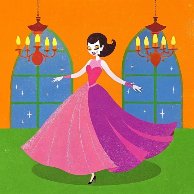 a painting of a woman in a purple dress with a purple skirt and a pink dress with a purple ribbon