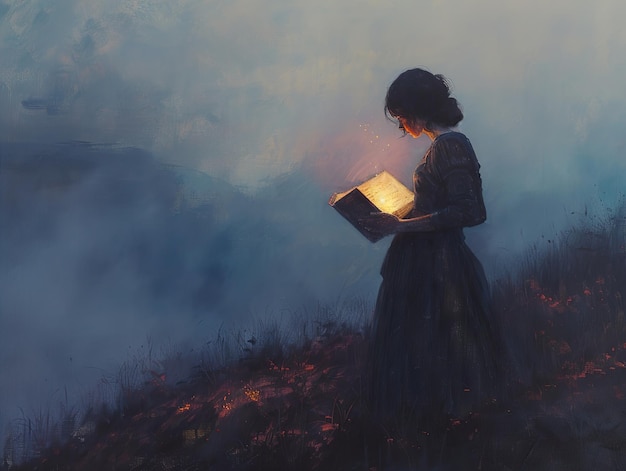 a painting of a woman reading a book in the fog