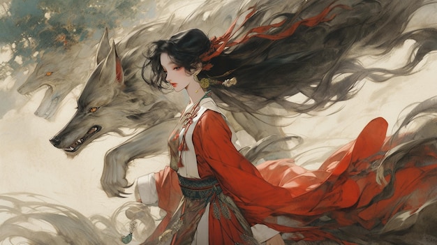 painting of a woman in a red dress walking next to a white horse generative ai