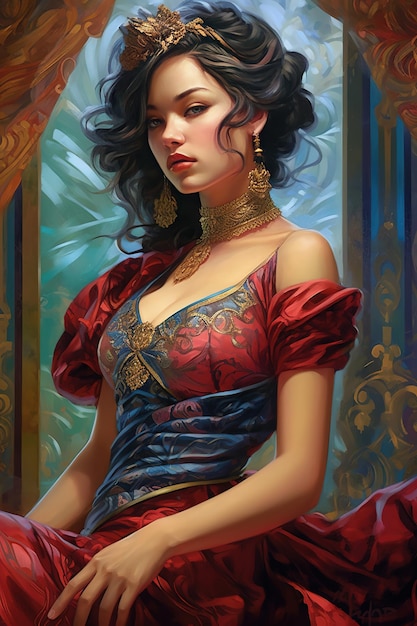 A painting of a woman in a red dress with gold accents.