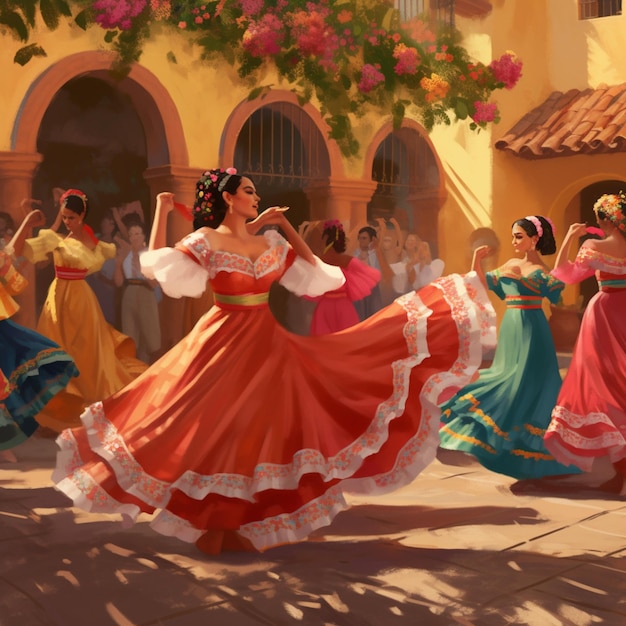 A painting of a woman in a red dress with the word fiesta on it.