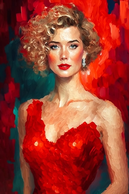 A painting of a woman in a red dress