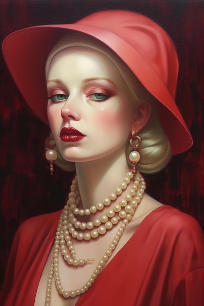 A painting of a woman in a red hat and a red hat.