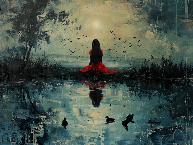 a painting of a woman in a red robe with birds in the water