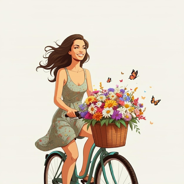 Photo a painting of a woman riding a bike with flowers and butterflies