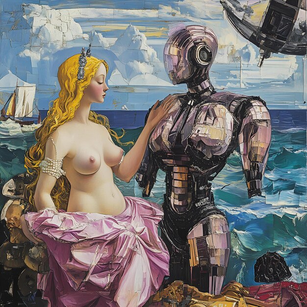 Photo a painting of a woman and a robot on the side of the ocean