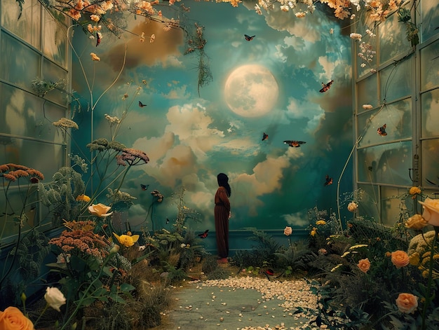 a painting of a woman in a room with butterflies and flowers