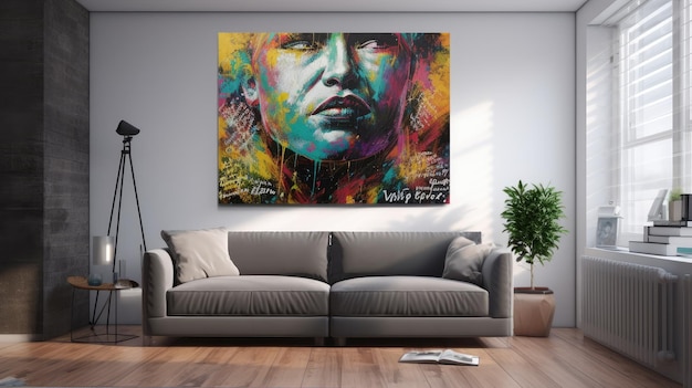 A painting of a woman's face is on a wall in a living room.