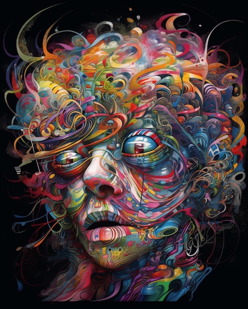 A painting of a woman's face with many different colors and the word " on it "