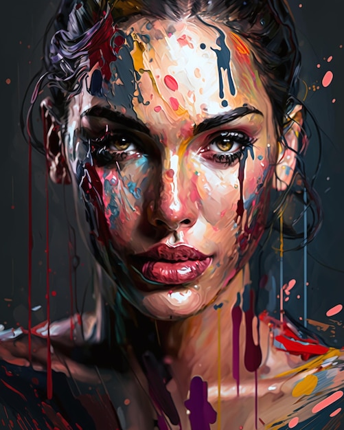 A painting of a woman's face with paint dripping down her eyes.