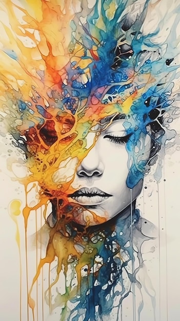 A painting of a woman's face with a rainbow and the words'art'on it