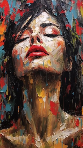 A painting of a woman's face with red lipstick.