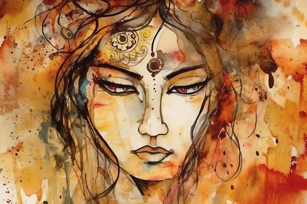 A painting of a woman's face with the word chakra on it.