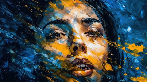 A painting of a woman's face with the word " on it "