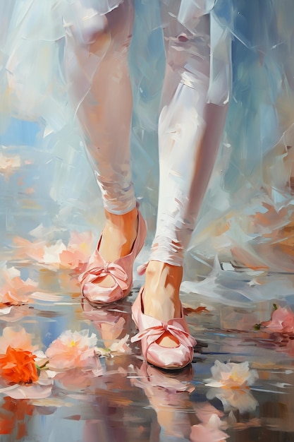 a painting of a woman's feet in white pants and white pants.