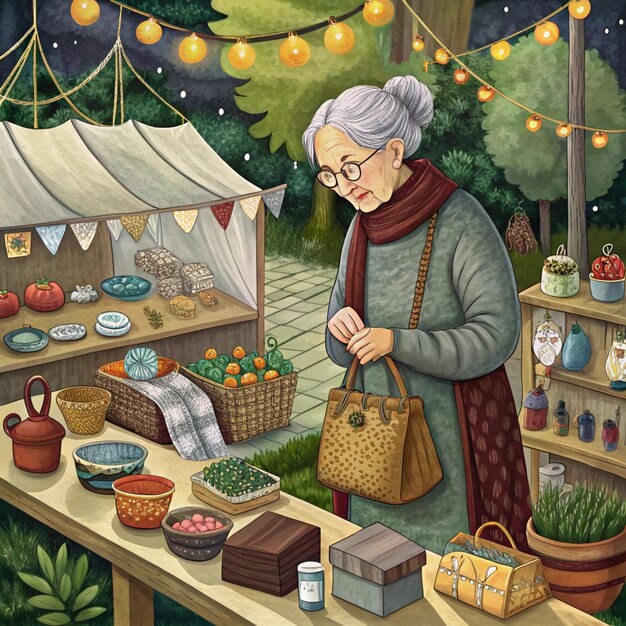 Photo a painting of a woman selling vegetables and fruits