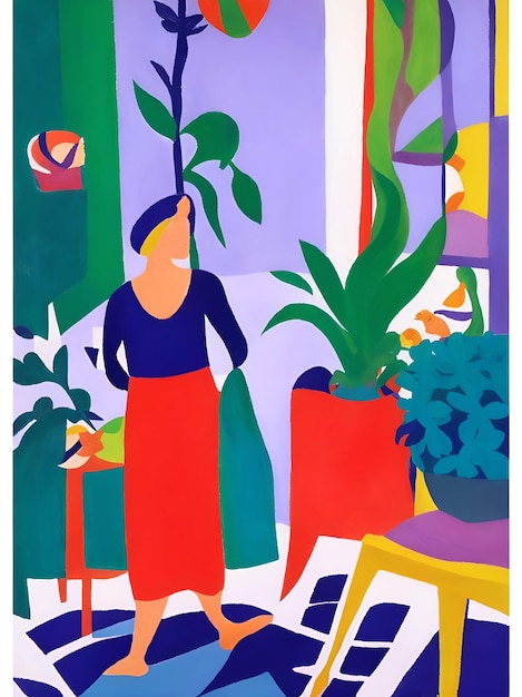 A painting of a woman sitting on a chair with a green plant in the background