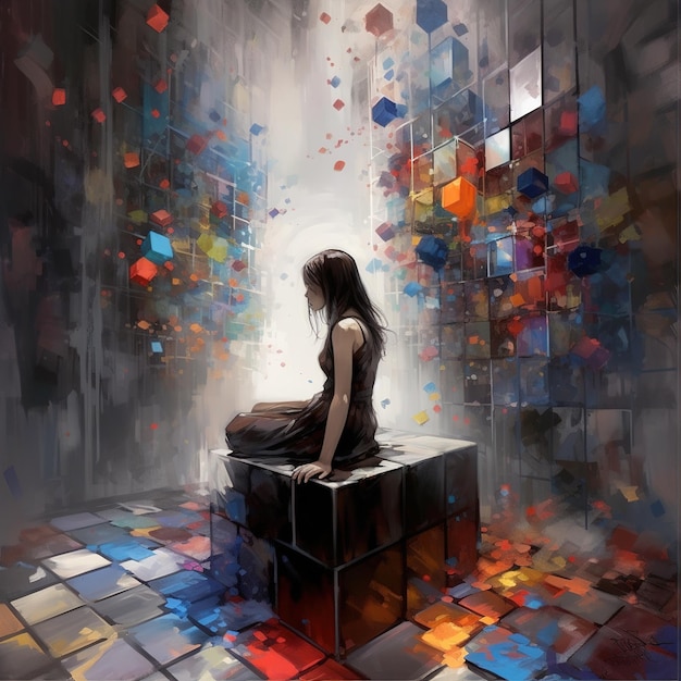 A painting of a woman sitting on a cubical box with a colorful cubes in the background