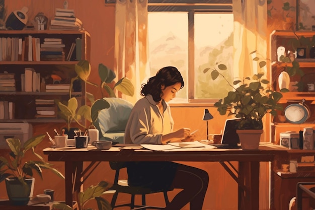 Painting of a woman sitting at a desk with a laptop generative ai