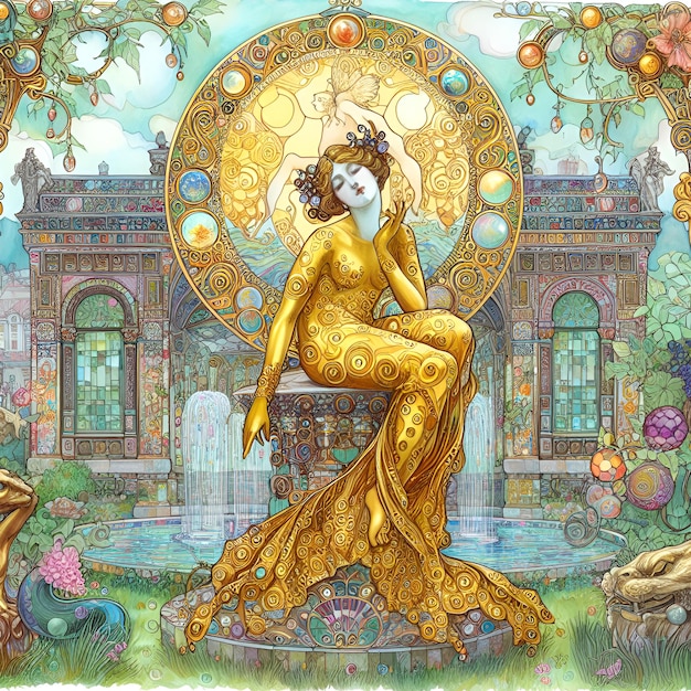 Photo a painting of a woman sitting on a fountain with a fountain in the background