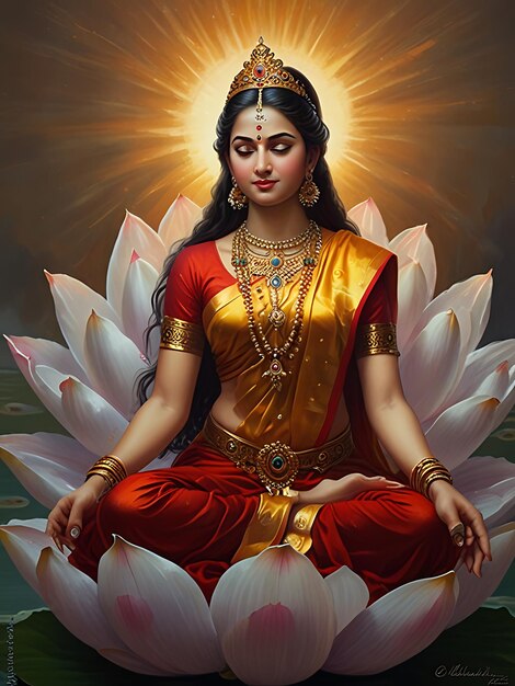 Photo a painting of a woman sitting in lotus flower with the sun behind her