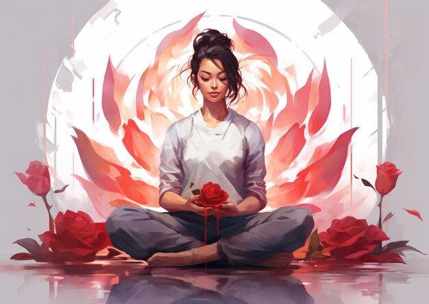 Photo painting of a woman sitting in a lotus position with a rose in her lap generative ai