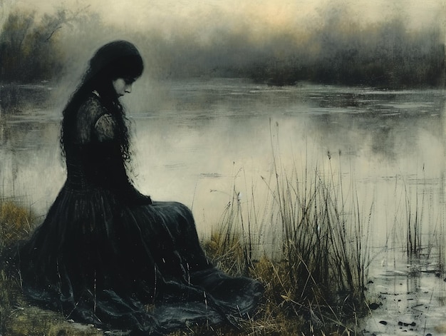 a painting of a woman sitting in a pond with the word  she is