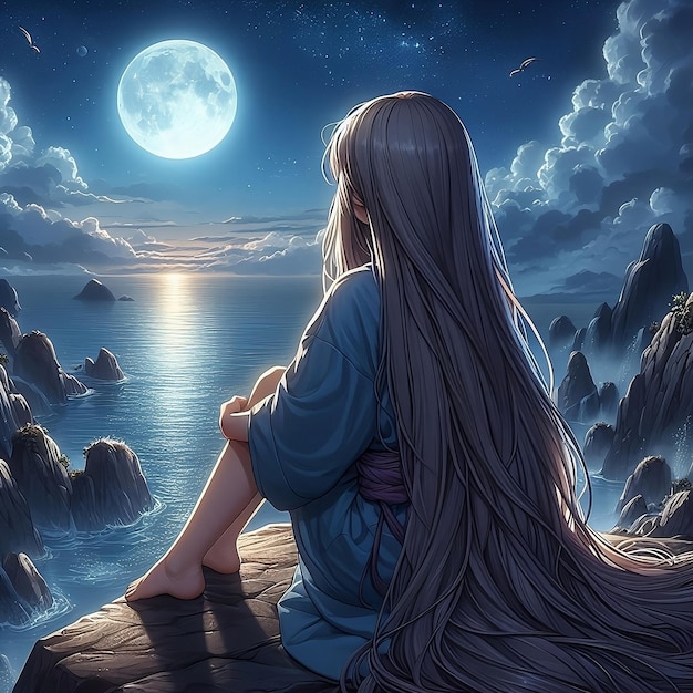 a painting of a woman sitting on a rock with the moon in the background