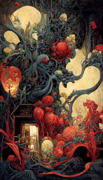 A painting of a woman sitting in a room with a red lantern and a tree with red flowers.