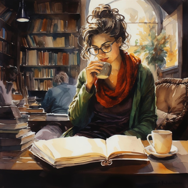 painting of a woman sitting at a table with a book and a cup of coffee generative ai