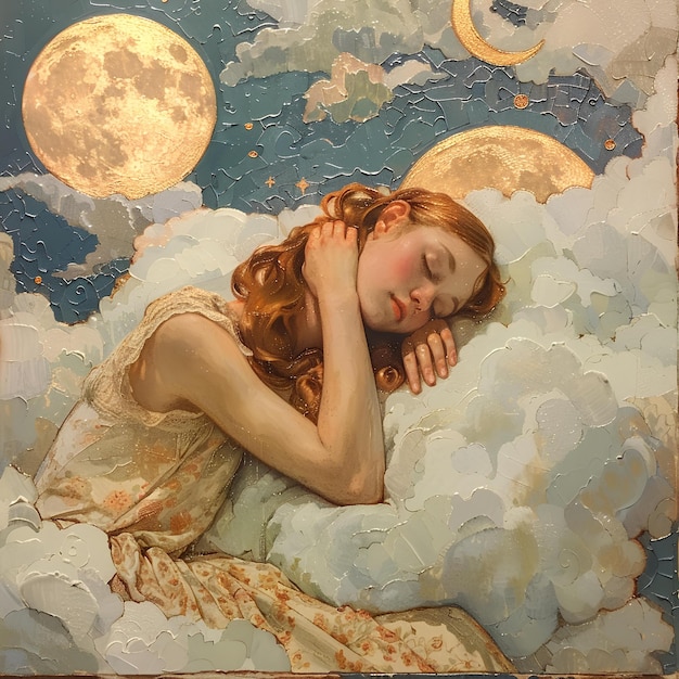 Photo a painting of a woman sleeping in the clouds with the moon in the background