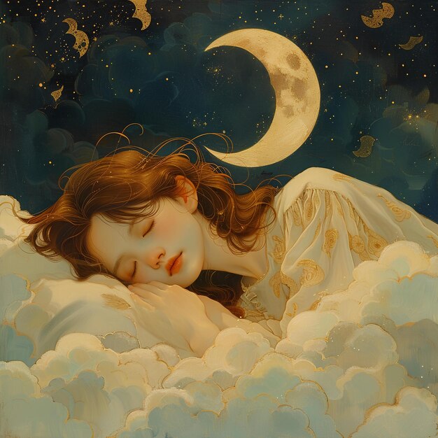 Photo a painting of a woman sleeping in the clouds with a moon and stars