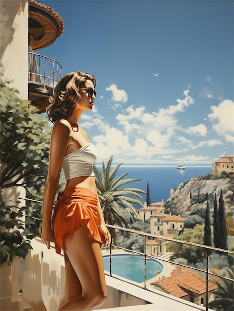 A painting of a woman standing on a balcony with a view of the ocean.