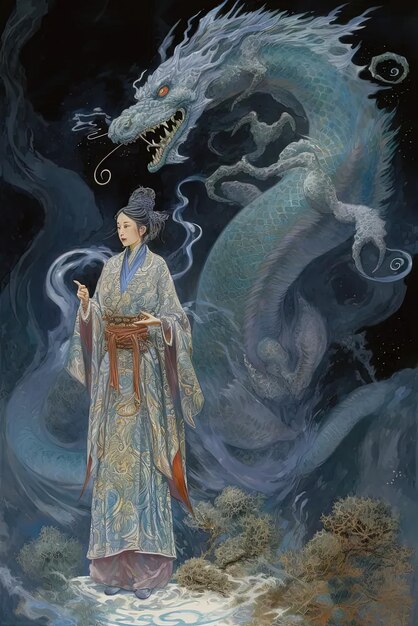 Photo a painting of a woman standing next to a dragon