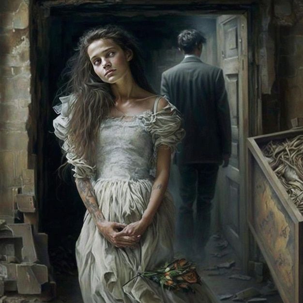 A painting of a woman standing in front of a door that says'the girl is standing in front of her. '