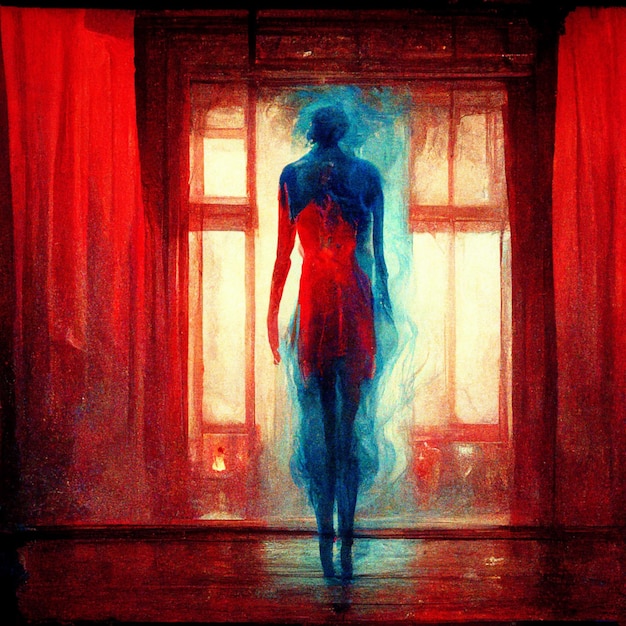 A painting of a woman standing in front of a window that says " the word " on it.