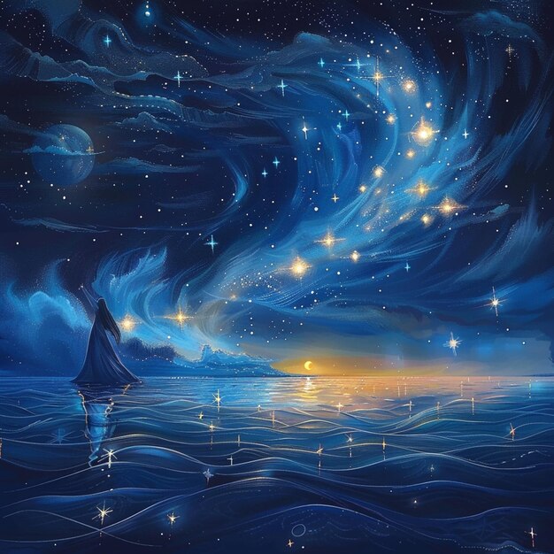 painting of a woman standing in the ocean looking at the stars generative ai