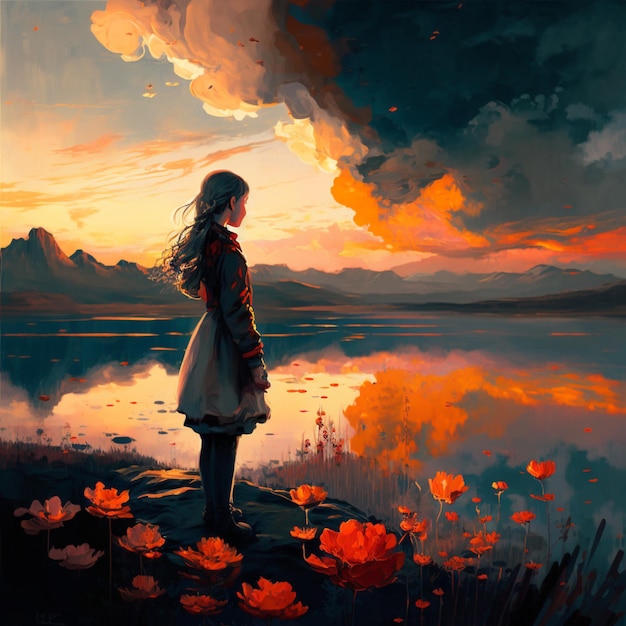 Painting of a woman standing on a rock looking out over a lake generative ai