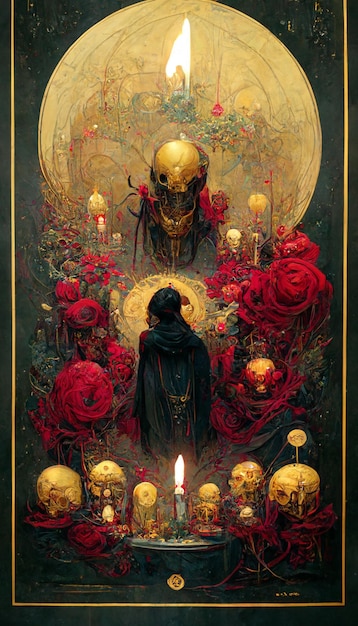 A painting of a woman surrounded by skulls and skulls.