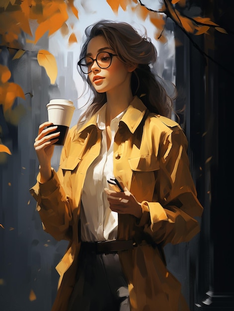 painting of a woman in a trench coat holding a cup of coffee generative ai