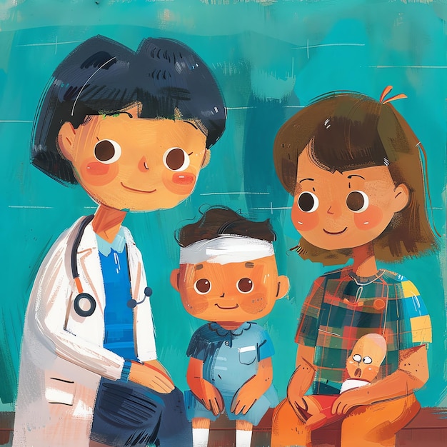 Photo a painting of a woman and two children with a stethoscope