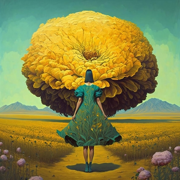 A painting of a woman walking down a path with a large flower on the top.